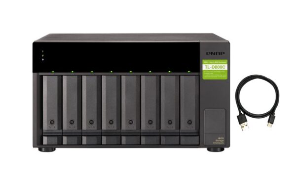 The TL-D800C JBOD storage enclosure allows you to back up and expand your QNAP NAS. The TL-D800C features eight 3.5-inch SATA 6Gb/s drive bays with USB 3.2 Gen2 (10 Gbps) Type-C connectivity to provide a fast and smooth expansion solution.