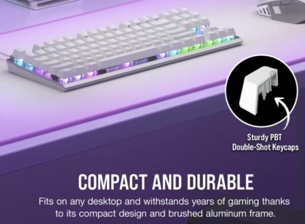 The CORSAIR K60 PRO TKL RGB Tenkeyless Optical-Mechanical Gaming Keyboard - White delivers style and performance with a durable brushed aluminum frame