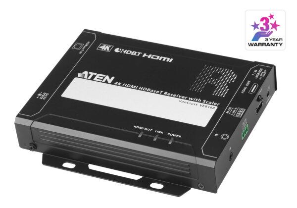 ATEN VE816R 4K HDMI HDBaseT Receiver with Scaler is designed to work with several ATEN HDBaseT Matrix Switches to extend 4K HDMI signals up to 100 m over a single Cat 5e/6/6a or an ATEN 2L-2910 Cat 6 cable