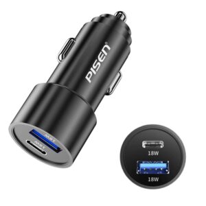 Pisen 36W Dual Port (USB-C 18W PD + USB-A 18W QC) Fast Car Charger Black