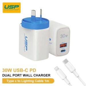 USP 30W Dual Ports (USB-C PD + USB-A QC3.0) Fast Wall Charger + Lightning Cable (1M)