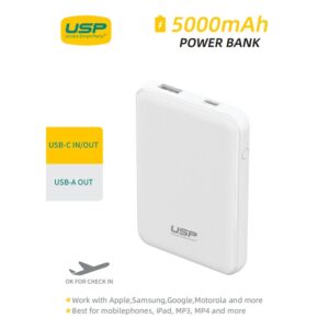 USP Mini 5K mAh Power Bank (18.5W) with Dual Ports (USB-C + USB-A) White