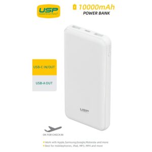 USP 10K mAh Power Bank (37W) with Triple Ports (USB-C + Dual USB-A) White