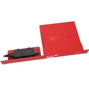 The optional rack mount installation kit (WG9023) enables you to install a rack mount bracket on the front or rear of the Firebox for installation in a network rack. The bracket also includes a shelf for the Firebox power adapter.