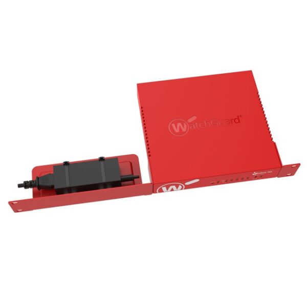 The optional rack mount installation kit (WG9023) enables you to install a rack mount bracket on the front or rear of the Firebox for installation in a network rack. The bracket also includes a shelf for the Firebox power adapter.