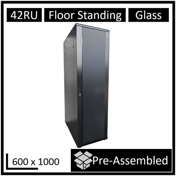 LDR 42U data communication cabinet of 600mm in width and 1000mm in dimensional depth. Featuring smoke grey glass door providing a sleek and professional look. Both the front and the back are closed with a lock. There is a possibility of closing the side panels after mounting optional inserts.