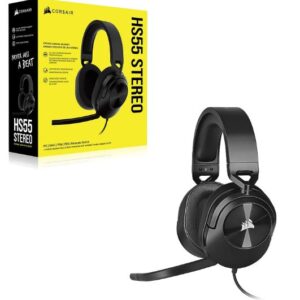 The CORSAIR HS55 Carbon STEREO Gaming Headset delivers essential all-day comfort and sound quality with memory foam leatherette ear pads and custom-tuned 50mm neodymium audio drivers