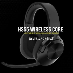 The CORSAIR HS55 Core Wireless Gaming Headset delivers essential all-day comfort and sound quality with memory foam leatherette ear pads and  surround sound on PC and Mac