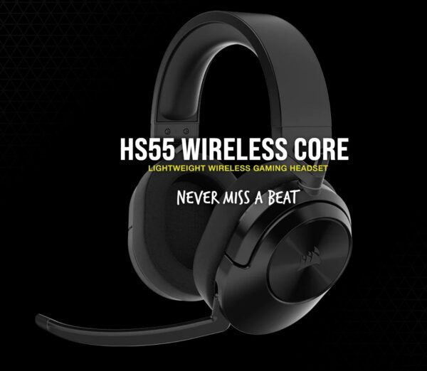 The CORSAIR HS55 Core Wireless Gaming Headset delivers essential all-day comfort and sound quality with memory foam leatherette ear pads and  surround sound on PC and Mac