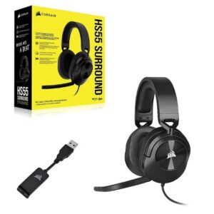 The CORSAIR HS55 Carbon SURROUND Gaming Headset delivers essential all-day comfort and sound quality with memory foam leatherette ear pads and Dolby® Audio 7.1 surround sound on PC and Mac