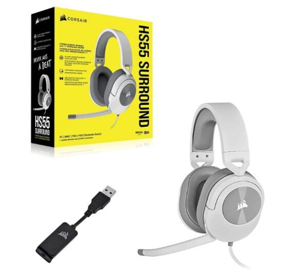 The CORSAIR HS55 White SURROUND Gaming Headset delivers essential all-day comfort and sound quality with memory foam leatherette ear pads and Dolby® Audio 7.1 surround sound on PC and Mac
