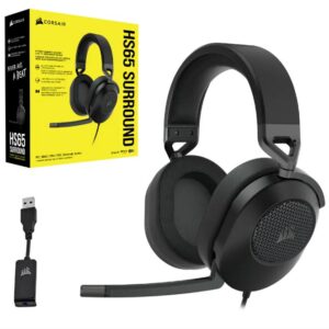 The CORSAIR HS65 SURROUND Gaming Headset delivers all-day comfort and sound with memory foam leatherette ear pads and Dolby® Audio 7.1 surround sound on PC and Mac