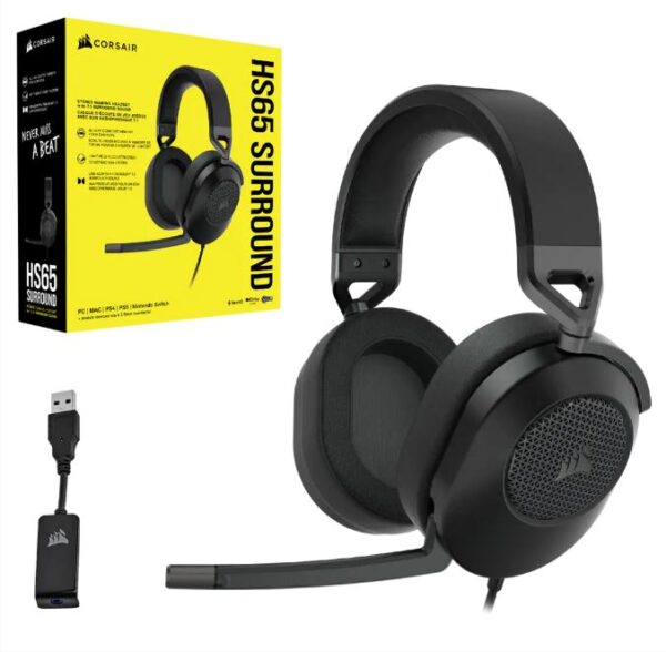 The CORSAIR HS65 SURROUND Gaming Headset delivers all-day comfort and sound with memory foam leatherette ear pads and Dolby® Audio 7.1 surround sound on PC and Mac