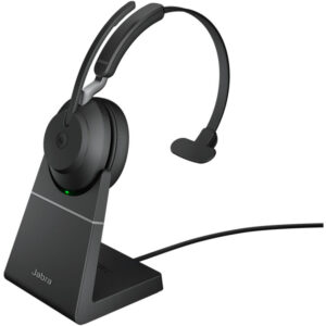 The Jabra Evolve2 65 MS Teams Wireless Mono Headset with Link 380 USB-C Bluetooth adapter and charging stand is a high-quality wireless headset that keeps you agile at work. Never worry about missing a call