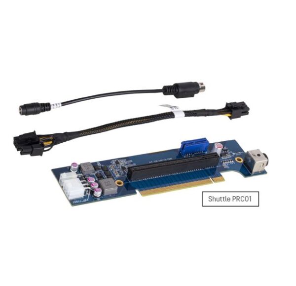 The PRC01 expansion kit consists of a PCIe riser card and two adapter cables. Installing this accessory in the Shuttle XPC slim XH510G2 allows for a second external power adapter to be connected