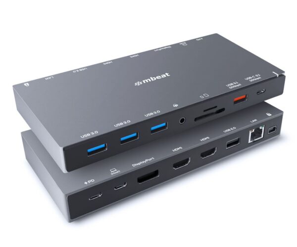 mbeat 15-in-1 Triple Display USB-C Docking Station 2x HDMI 1x DP 1x 100W PD 3.0 1x USB-C 3.1 Gen2 3x USB 3.0 1x USB 3.1 Gen2 MicroSD/SD Card 1x 1Gb RJ45