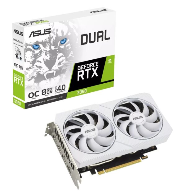 ASUS Dual GeForce RTXTM 3060 White OC Edition 8GB GDDR6 with two powerful Axial-tech fans and a 2-slot design for broad compatibility