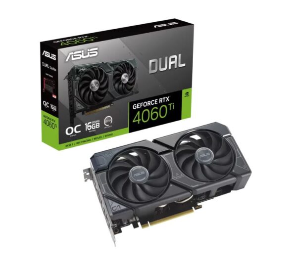 ASUS Dual GeForce RTX™ 4060 Ti OC Edition 16GB GDDR6 with two powerful Axial-tech fans and a 2.5-slot design for broad compatibility