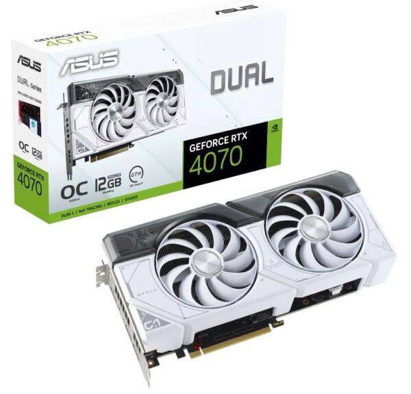 ASUS Dual GeForce RTX™ 4070 White OC Edition 12GB GDDR6X with two powerful Axial-tech fans and a 2.56-slot design for broad compatibility