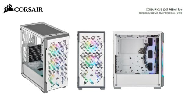 The CORSAIR iCUE 220T RGB Airflow is a mid-tower ATX smart case with a steel grill front panel for incredibly high airflow. Create spectacular lighting with three included SP120 RGB PRO fans featuring eight individually addressable LEDs each