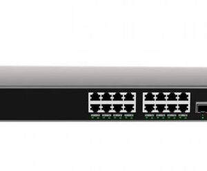 GWN7812P is a Layer 3 managed network switch with 16 RJ45 Gigabit Ethernet ports that can deliver power to connected devices like VOIP phones or IP cameras via POE (Power Over Ethernet). The switch also has four 10 Gigabit SFP+ ports for fiber.