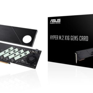 ASUS Hyper M.2 x16 Gen5 Card (PCIe 5.0/4.0) supports up to four NVMe M.2 (2242/2260/2280/22110) devices at up to 512 Gbps for RAID functions across diverse CPU platforms