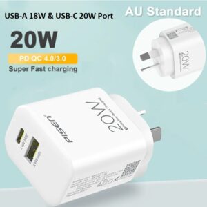 Pisen 20W Dual Port (USB-C PD 20W + USB-A QC3.0 18W) Fast Wall Charger