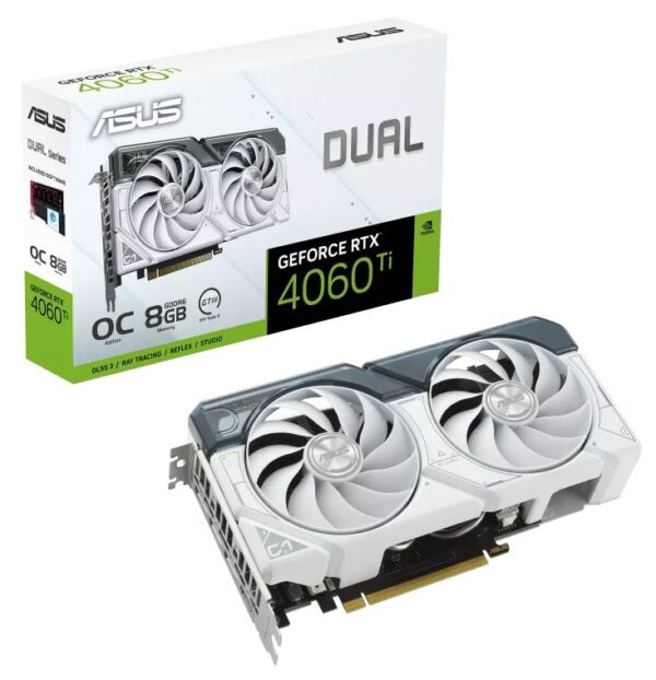 ASUS Dual GeForce RTX™ 4060 Ti White OC Edition 8GB GDDR6 with two powerful Axial-tech fans and a 2.5-slot design for broad compatibility
