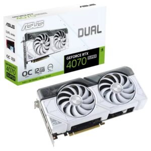 ASUS Dual GeForce RTX™ 4070 SUPER White OC Edition 12GB GDDR6X with two powerful Axial-tech fans and a 2.56-slot design for broad compatibility