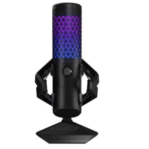 Professional cardioid condenser gaming microphone features a studio-grade 25 mm condenser capsule