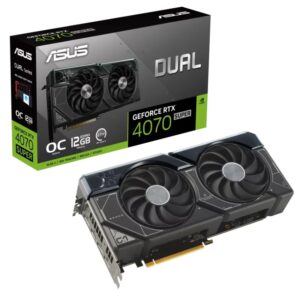 ASUS Dual GeForce RTX™ 4070 SUPER OC Edition 12GB GDDR6X with two powerful Axial-tech fans and a 2.56-slot design for broad compatibility