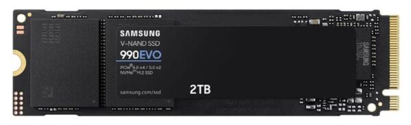 Samsung 990 EVO 2TB PCIe Gen4/5 NVMe SSD 5000MB/s 4200MB/s R/W 700K/800K IOPS 1200TBW 1.5M hrs V-NAND TLC AES 256-bit Encryption 5yr wty