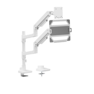 Brateck LDT81-C024P-ML-W NOTEWORTHY POLE-MOUNTED HEAVY-DUTY GAS SPRING DUAL MONITOR ARM WITH LAPTOP HOLDER Fit Most 17"-49" Monitor Fine Texture White