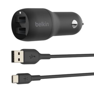 Belkin BoostCharge Dual USB-A Car Charger 24W + USB-C to USB-A Cable (1M) - Black (CCE001bt1MBK)