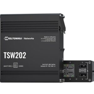 TSW202 is an industrial grade switch from Teltonika Networks with eight Gigabit Ethernet and two SFP ports.