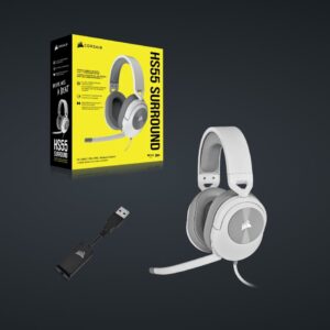 The CORSAIR HS55 White SURROUND Gaming Headset delivers essential all-day comfort and sound quality with memory foam leatherette ear pads and Dolby® Audio 7.1 surround sound on PC and Mac