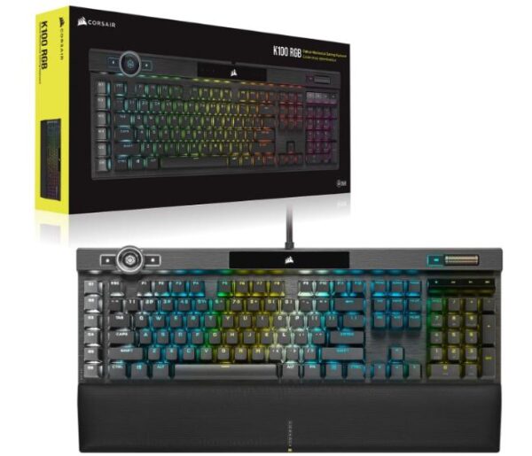 The incomparable CORSAIR K100 RGB Optical-Mechanical Gaming Keyboard combines stunning aluminum design with per-key RGB lighting and a 44-zone LightEdge. Powerful CORSAIR AXON Hyper-Processing Technology enables unparalleled capabilities such as 4