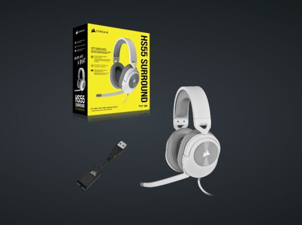 The CORSAIR HS55 White SURROUND Gaming Headset delivers essential all-day comfort and sound quality with memory foam leatherette ear pads and Dolby® Audio 7.1 surround sound on PC and Mac