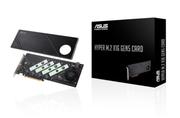 ASUS Hyper M.2 x16 Gen5 Card (PCIe 5.0/4.0) supports up to four NVMe M.2 (2242/2260/2280/22110) devices at up to 512 Gbps for RAID functions across diverse CPU platforms