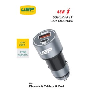 USP 43W Dual Port (USB-C 25W PD + USB-A 43W QC3.0) Fast Car Charger Silver