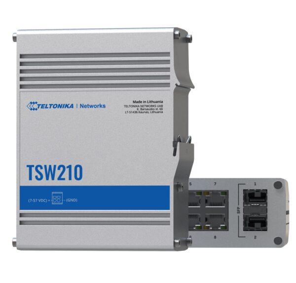 TSW210 is an industrial grade switch from Teltonika Networks with eight Gigabit Ethernet and two SFP ports. - PSU excluded