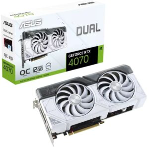 ASUS Dual GeForce RTX™ 4070 White OC Edition 12GB GDDR6X with two powerful Axial-tech fans and a 2.56-slot design for broad compatibility