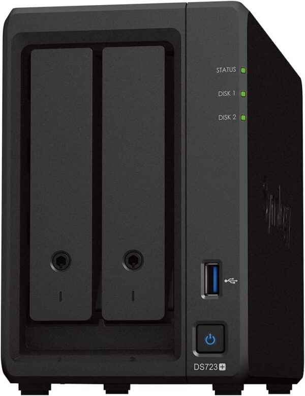 Synology DiskStation® DS723+  2-bay; 2GB DDR4  -Up to 471/225 MB/s read/write -Up to 10GbE networking -2 x M.2 NVMe cache  storage pool -3-year hardware warranty