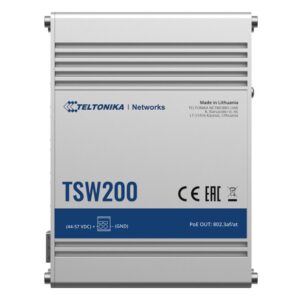 TSW200 is the first industrial grade switch in the Teltonika Networks portfolio with eight Gigabit Ethernet ports that support IEEE802.3af and IEE802.3at Power-over-Ethernet standards. - PSU excluded