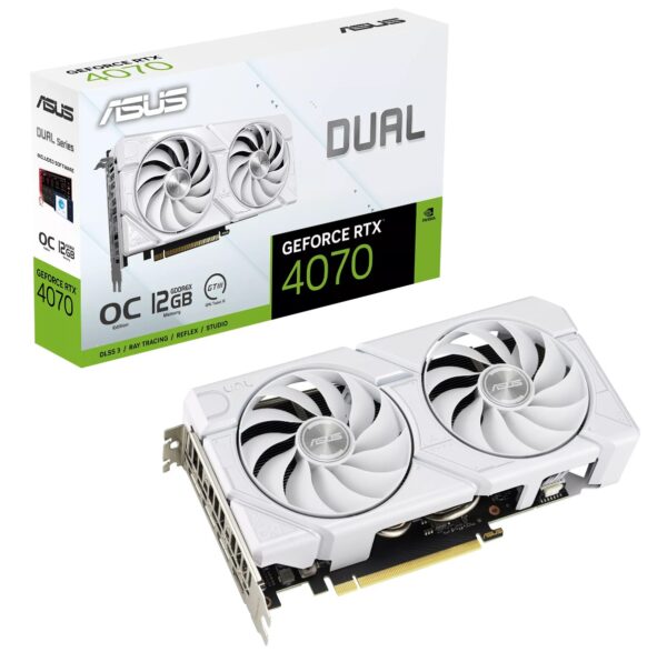 The SFF-ready ASUS Dual GeForce RTX™ 4070 EVO White OC Edition 12GB GDDR6X with two powerful Axial-tech fans and a 2.5 slot design for broad compatibility