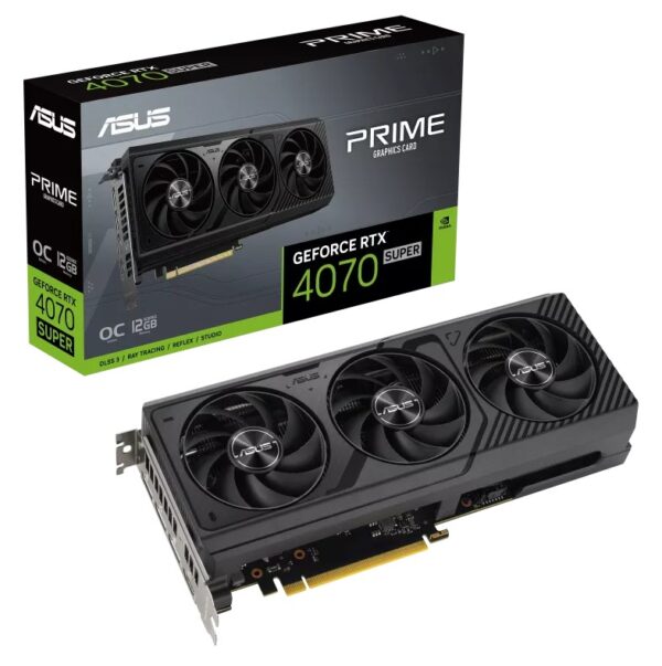 The SFF-ready ASUS Prime GeForce RTX™ 4070 SUPER OC Edition 12GB GDDR6X boasts three fans in a sleek aesthetic with Axial-tech fan design for broad PC builds compatibility.