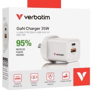 Verbatim’s 35W GaN Wall Charger combines one USB-C PD 35W port and one USB-A QC 3.0 port in a sleek