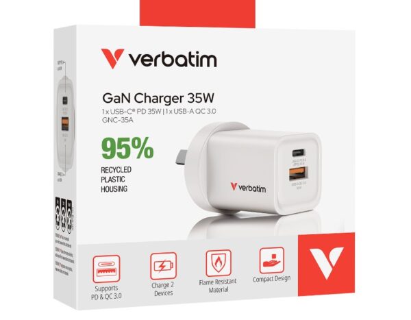 Verbatim’s 35W GaN Wall Charger combines one USB-C PD 35W port and one USB-A QC 3.0 port in a sleek