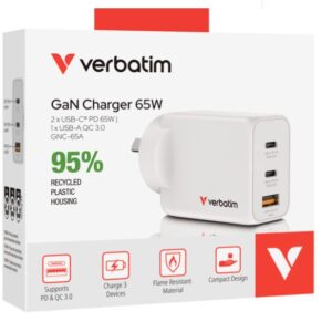 Verbatim’s 65W GaN Wall Charger combines two USB-C PD and one USB-A QC 3.0 port in a sleek