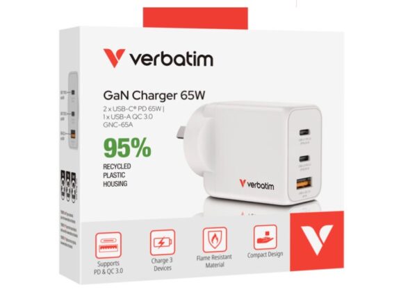 Verbatim’s 65W GaN Wall Charger combines two USB-C PD and one USB-A QC 3.0 port in a sleek